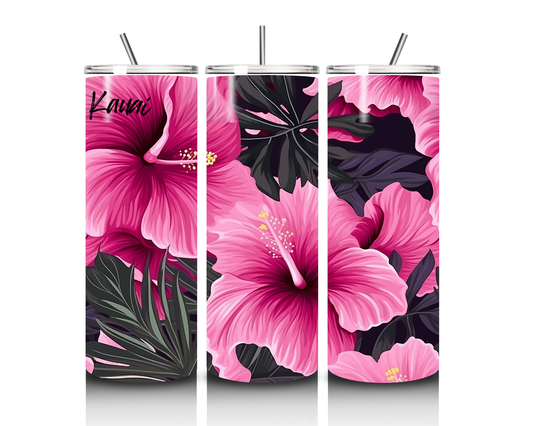 20oz Stainless Steel Tumbler with Pink Hibiscus Design