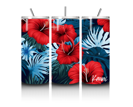 20oz Stainless Steel Tumbler with Red Hibiscus Design