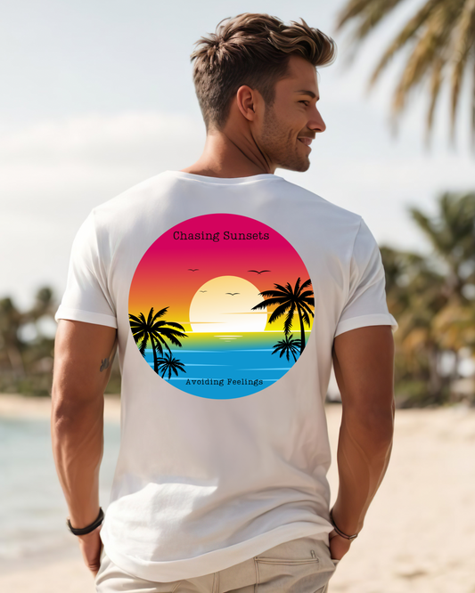 Men's Shirt - "Chasing Sunsets, Avoiding Feelings" Logo Tee